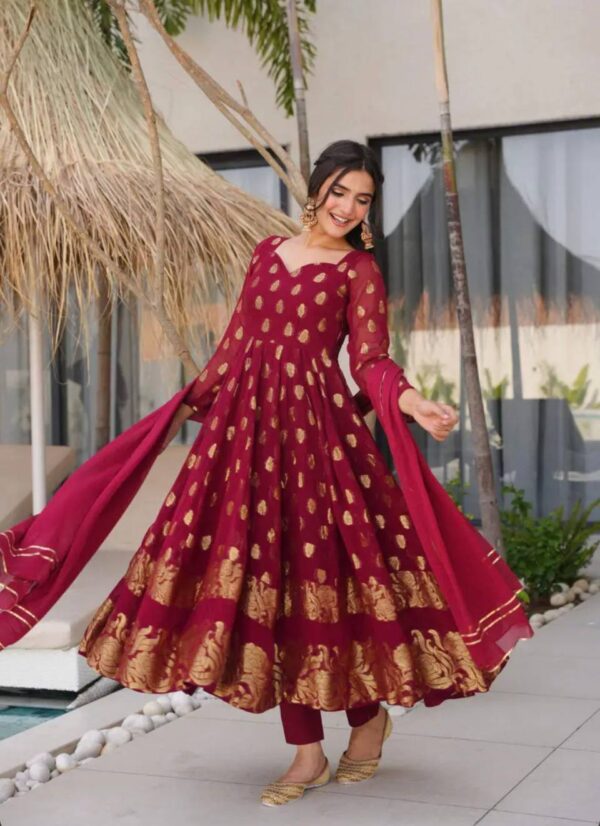 Maroon Georgette Anarkali Suit with Golden Zari Work & Dupatta