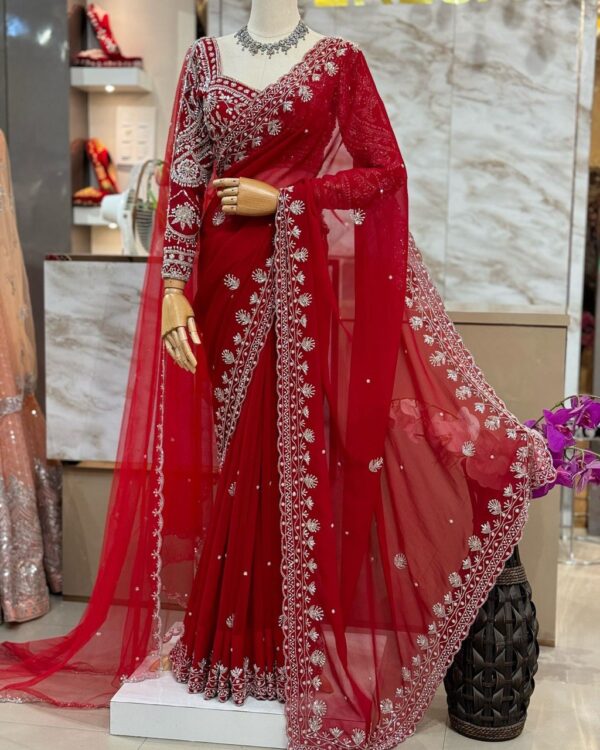 Designer Faux Georgette Saree with Thread, Sequin & Pearl Work
