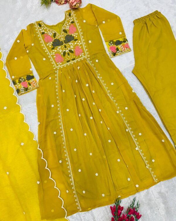 Mustard Yellow Floral Embroidered Anarkali Suit with Dupatta - Image 3