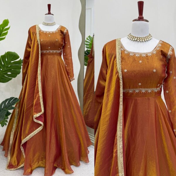 Rust Orange Silk Anarkali Suit with Embroidered Detailing & Dupatta - Image 6