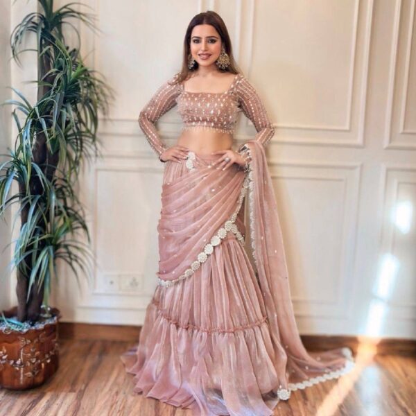 Blush Pink Designer Ruffle Saree with Embroidered Blouse – Party & Reception Wear - Image 2