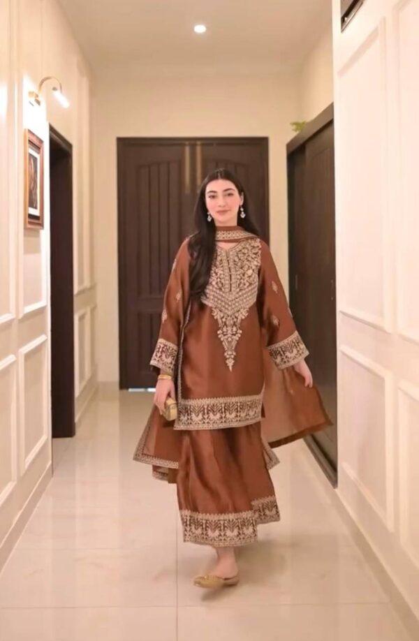 Coffee Brown Embroidered Silk Suit Set with Dupatta – Festive & Party Wear - Image 2