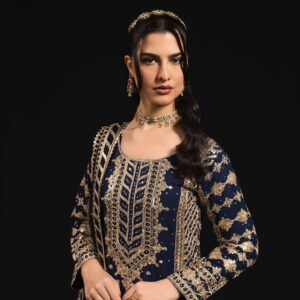 Luxury Navy Blue Heavy Embroidered Suit with Dupatta & Potli Bag
