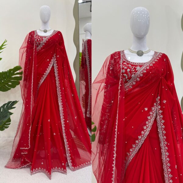 Designer Faux Georgette Saree with Thread, Sequin & Pearl Work - Image 5