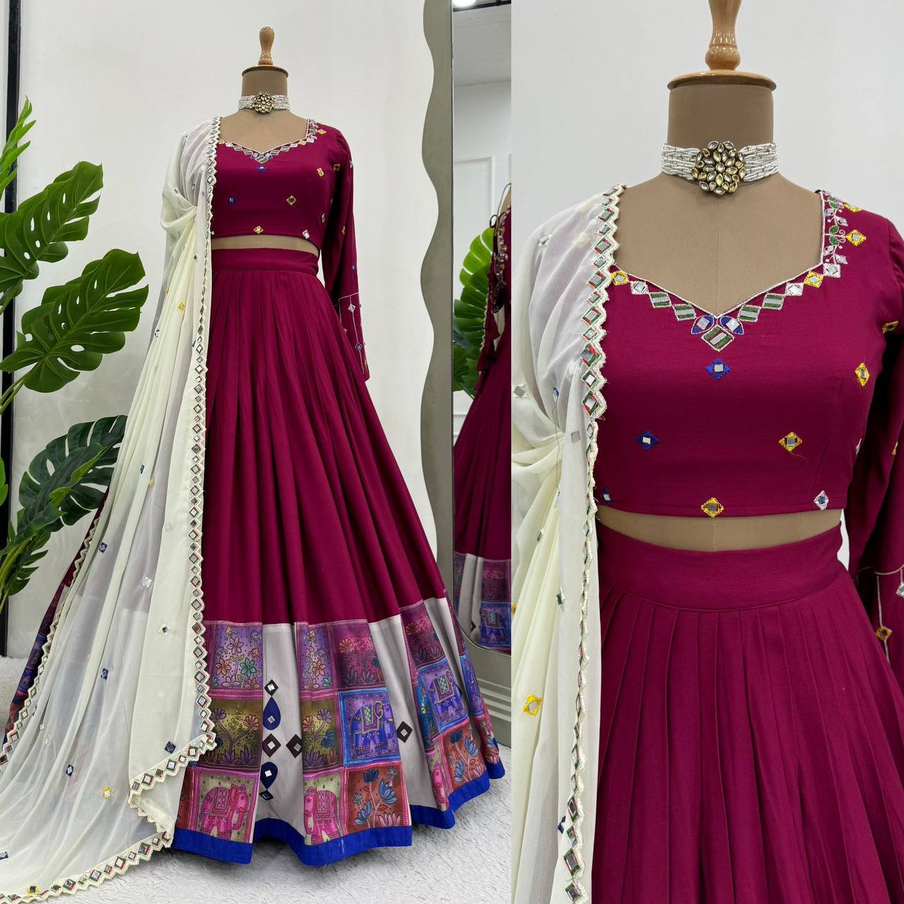 Reyon Mirror Work Semi-Stitched Lehenga Choli with Dupatta - Image 6