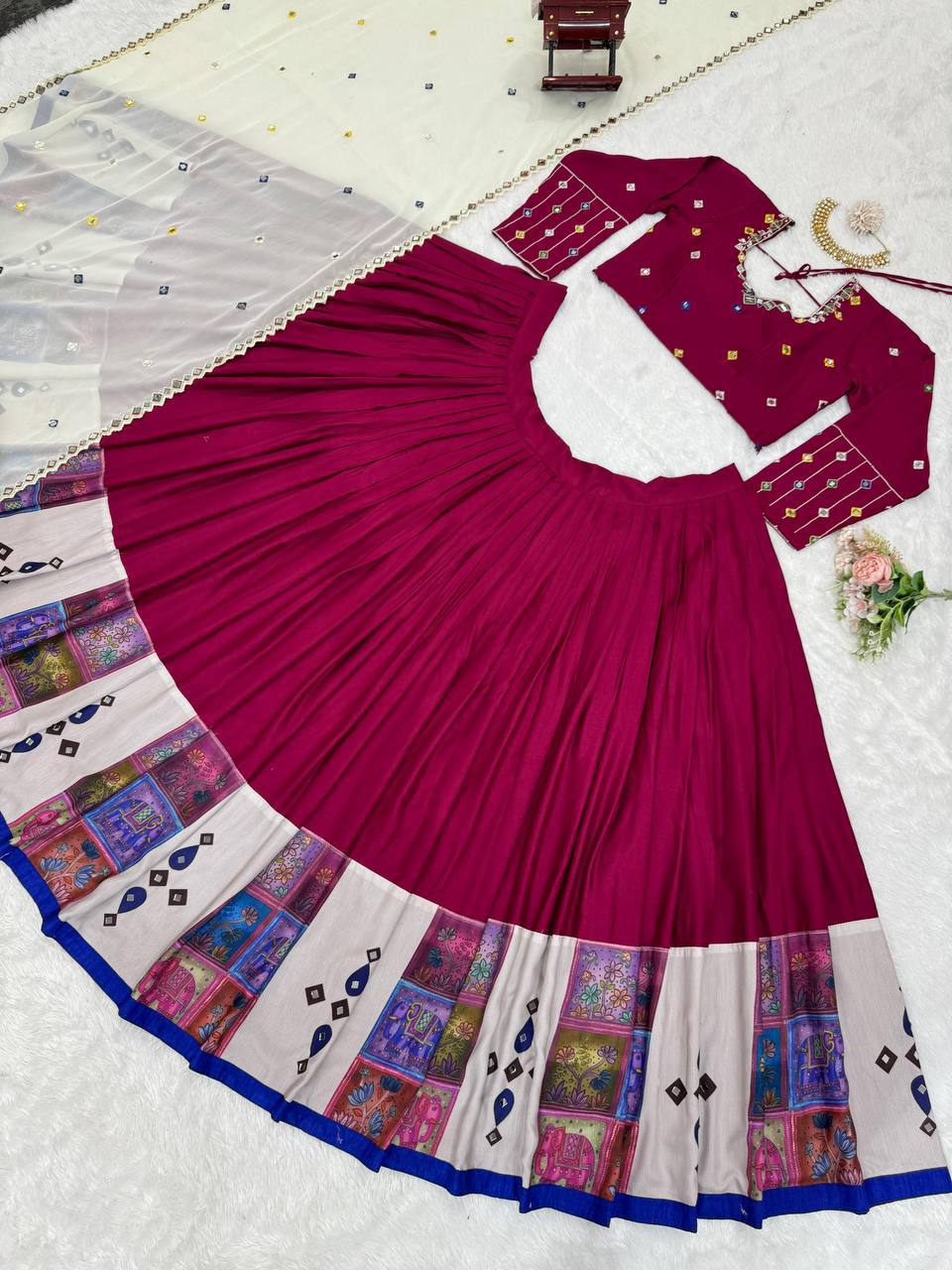 Reyon Mirror Work Semi-Stitched Lehenga Choli with Dupatta - Image 3